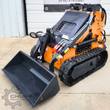 Landhero LDH-T460 mini skid steer in orange and black with a gray bucket, rubber tracks and stand-on platform