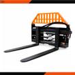 Wolverine 48-inch pallet forks, orange slatted backrest, black frame with hydraulic cylinders and hoses