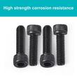 Four black socket head cap screws laid out in pairs, banner reads high strength corrosion resistance