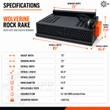 Wolverine Rock Rake spec sheet: 72in working width, 85in overall width, 21.5in height, 84 teeth, 1,047 lbs