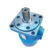 Blue hydraulic motor from above showing the splined shaft, 4-hole square flange and one port