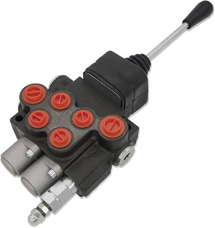 2-spool hydraulic control valve with single joystick lever and red port caps