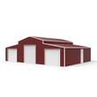 Red-brown 42x30x13 steel storage shed with three roll-up doors and side entrance, 3/4 view