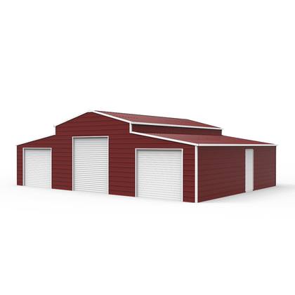 Red-brown 42x30x13 steel storage shed with three roll-up doors and side entrance, 3/4 view