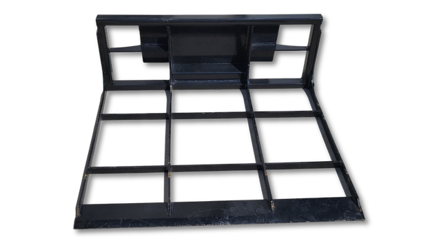 Black steel land leveler, open grid frame of cross bars with a flat blade edge and quick-attach mount plate