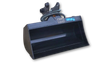 Future hydraulic tilt bucket, wide smooth-edged shell, twin-eared tilt head with coiled hoses and blue Future logo