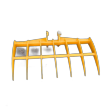 Yellow 46-inch excavator root rake, seven curved tines on a tubular cross-braced frame with twin mount lugs