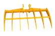 Yellow 46-inch excavator root rake, seven tapered tines on a tubular frame with twin pin-boss mounting ears