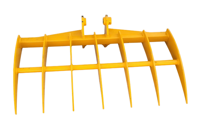 Yellow 46-inch excavator root rake, seven tapered tines on a tubular frame with twin pin-boss mounting ears