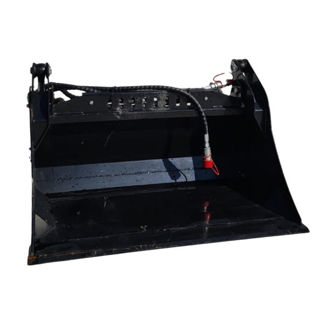 Black 39-inch 4-in-1 mini skid steer bucket, clamshell open, braided hydraulic hose and red-capped coupler