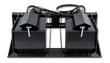 72-inch root grapple bucket, two black top clamps raised over spaced tines, grapple cylinders and hydraulic hoses