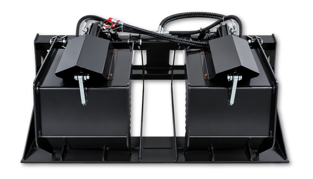 72-inch root grapple bucket, two black top clamps raised over spaced tines, grapple cylinders and hydraulic hoses