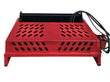GIYI Mini Rock Rake, red frame with black tine trough, mounting legs and hydraulic hoses coiled at the corner