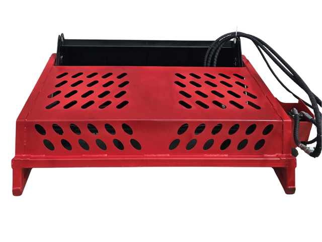 GIYI Mini Rock Rake, red frame with black tine trough, mounting legs and hydraulic hoses coiled at the corner