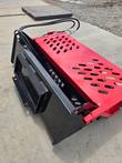 GIYI Mini Rock Rake, black tine trough and red frame with hydraulic hoses coiled at the mount
