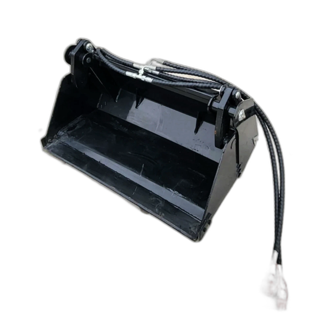 Black 4-in-1 skid steer bucket, clamshell jaw open, hydraulic cylinder and braided hoses at the mount plate