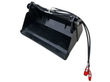 Black 38-inch 4-in-1 combo bucket for mini skid steers, hydraulic hoses with red quick couplers, white background
