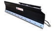 JCT skid steer push blade in black steel, serrated bolt-on cutting edge, JCT logo and hydraulic hose with quick couplers