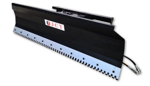 JCT skid steer push blade in black steel, serrated bolt-on cutting edge, JCT logo and hydraulic hose with quick couplers