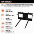Key features graphic for the JCT double bale spear: black quick-attach frame with two 42in tines