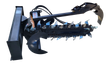 JCT hydraulic trencher with toothed digging chain, spoil auger, crumber arm and skid steer quick-attach plate