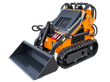 Landhero LDH-T460 mini skid steer, orange and black, gray bucket lowered, rubber tracks and red-capped hydraulic couplers