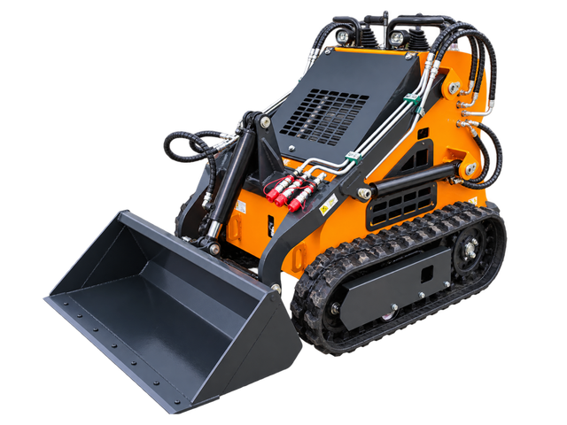 Landhero LDH-T460 mini skid steer, orange and black, gray bucket lowered, rubber tracks and red-capped hydraulic couplers