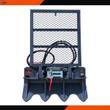 LandHonor skid steer forestry winch: mesh guard screen, cable drum with hook and red strap, notched ground anchors