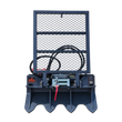 LandHonor forestry winch: expanded-metal guard screen over cable drum with steel hook and red strap, notched anchor blade