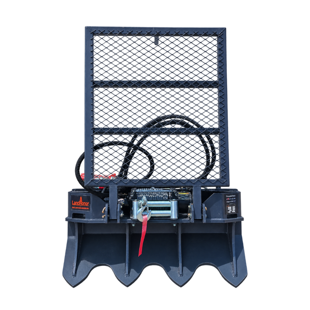 LandHonor forestry winch: expanded-metal guard screen over cable drum with steel hook and red strap, notched anchor blade