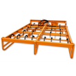 Landhonor hay accumulator, low orange steel grid frame with rows of curved black bale hooks and a hydraulic hose kit