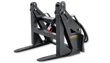 LandHonor log grapple, black frame with forward fork tines below raised clamp arms, hydraulic hoses and red-capped couplers