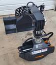 Rotating grapple laid open: toothed jaws with orange pads, hydraulic rotator, hose bundle and skid steer mount frame