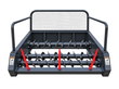 LandHonor round bale processor, front view: three knife-flighted augers, three red bale spears, mesh backstop