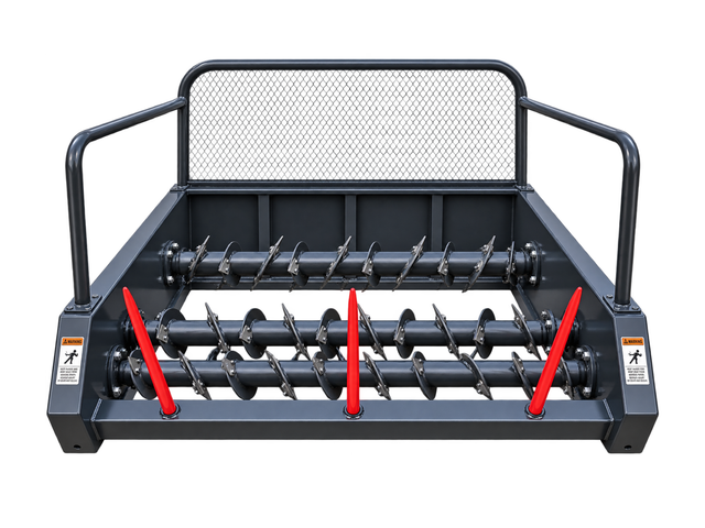 LandHonor round bale processor, front view: three knife-flighted augers, three red bale spears, mesh backstop