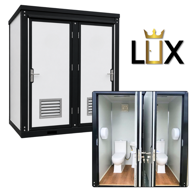 White two-door LUX portable restroom, black frame and louvered vents, with inset of both stalls open showing toilets