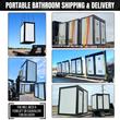 Shipping and delivery collage: LUX restroom units craned and forklifted onto flatbed trailers, strapped for transport