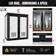 Dimensions diagram: LUX Dual restroom 80in wide, 52in deep, 90in tall, 37x43x84in stalls, 1,300 lb shipping weight