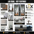 Key features graphic: LUX Dual two-stall restroom with faux wood floor, elongated toilet, ceramic sink and 110V vent fan