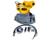 Yellow ALSERG08 rotator on gray grapple, with hydraulic hoses, controller and handles laid out below