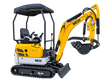 Yellow ME20 mini excavator, open canopy, twin joystick controls, bucket with hydraulic thumb, push blade, rubber tracks