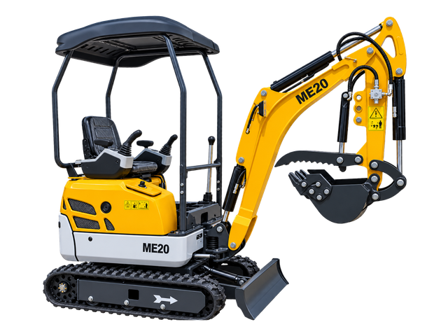 Yellow ME20 mini excavator, open canopy, twin joystick controls, bucket with hydraulic thumb, push blade, rubber tracks