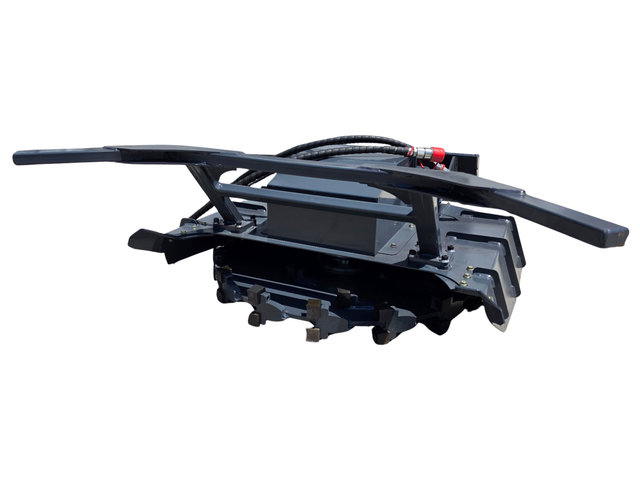 Mini disc mulcher attachment, quick-attach frame arms and coiled hydraulic hoses, carbide-tooth disc below
