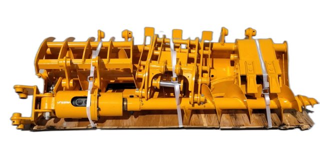 Yellow mini excavator attachment set banded to a pallet: buckets, rake and grapple tines, auger flighting