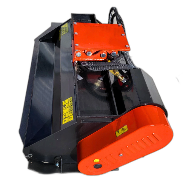 Black flail mower deck with orange drive cover and rear roller, hydraulic motor, sheathed hoses and safety decals
