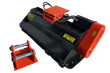 Black flail mower deck, orange hydraulic drive cover and end roller, with a separate orange pin-on mounting bracket