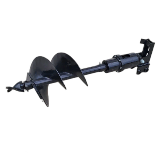 Black hydraulic auger, two-flight 16-inch bit with pilot point, shaft, drive housing and quick-attach bracket