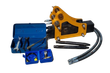 Yellow hydraulic breaker with mount bracket, two chisels, braided hoses, blue tool box and nitrogen charging kit