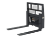 Black pallet fork frame with headache rack, two tapered fork tines and safety decals