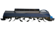 Black Mower King 72-inch skid steer tiller, curved tilling blades below the shroud, blue hydraulic drive motor at right